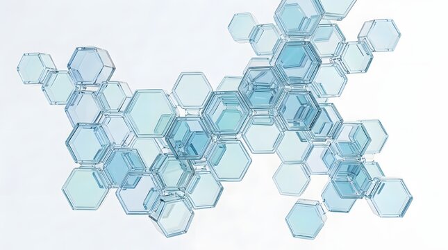 Abstract 3d render of interconnected blue glass hexagonal structures isolated on white background