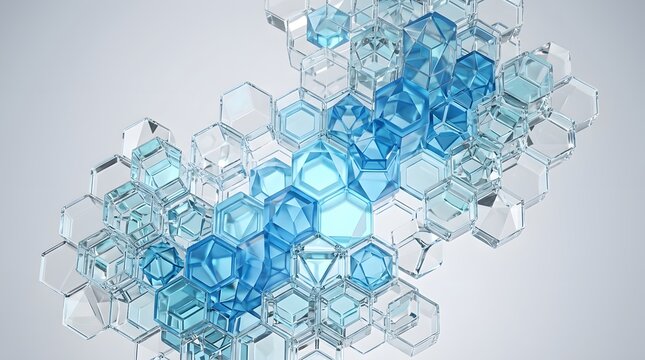 Abstract 3d render of a complex cluster of blue glass hexagonal prisms isolated on white background