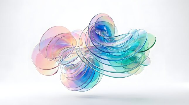 Abstract flowing iridescent glass ribbons forming an organic shape isolated on white background