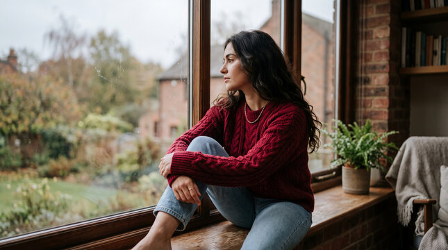 Woman in a red sweater looking out a window, evoking introspection and cozy contemplation, suitable for lifestyle or mood themes.