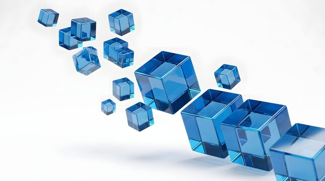 Floating translucent blue glass cubes in various sizes isolated on white background
