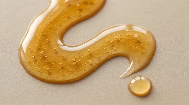 A question mark symbol formed by a thick, golden viscous liquid drop on a textured neutral surface