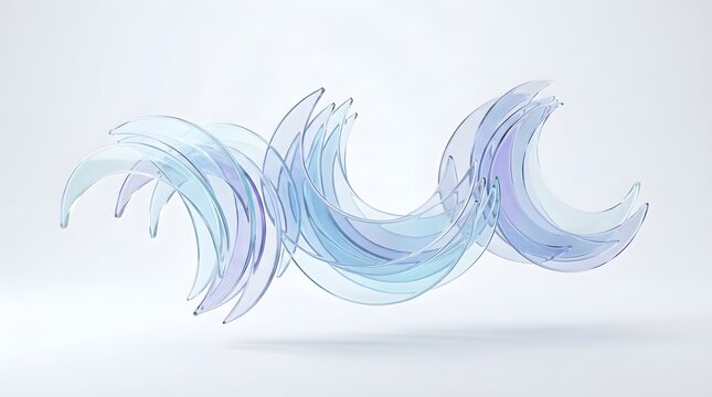 Abstract composition of curved transparent glass shapes with blue and purple tints, floating in a clean minimalist space, 3d render