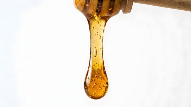 A thick golden drop of honey dripping from a wooden dipper, isolated on white background