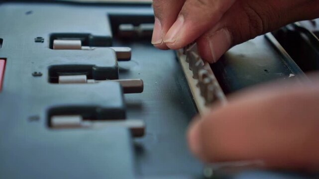 Hand restoring a screwdriver bit from a tool tray, showing the metallic texture in fine detail. Great stock footage for home improvement and hardware themes.