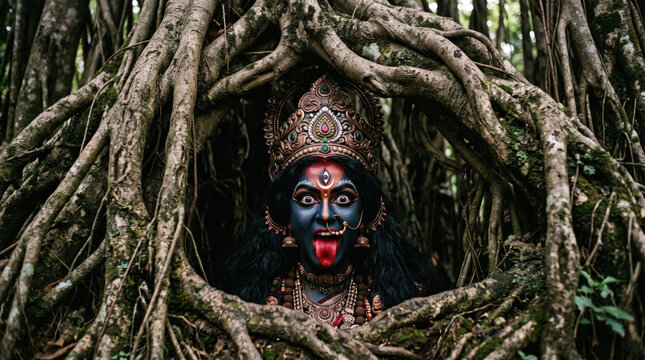 Maa Kali face beneath the aerial roots of an ancient banyan tree with earthy natural textures for Diwali