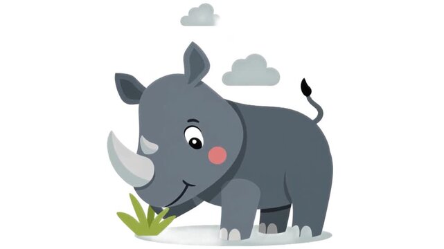 Cute little rhinoceros walking and eating grass in vector animated illustration clip featuring playful character design and vibrant children storybook art style video footage