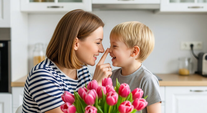 Mother and son touching noses with pink tulips, symbolizing love, joy, and spring celebration, perfect for family or Mother's Day themes