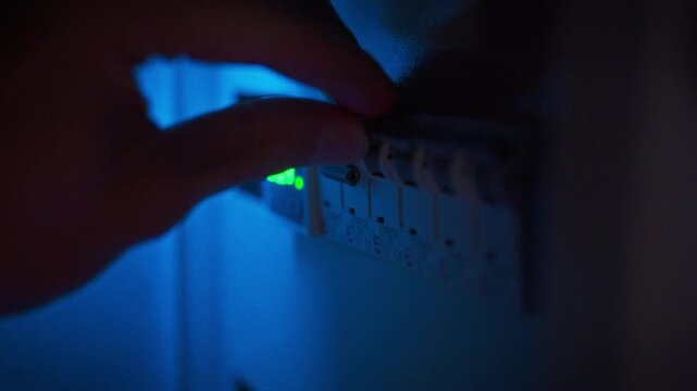 A close-up of hands operating a circuit breaker in a distribution board activating the power supply to a room. Concept of electrical power control and safe management of home circuit breakers