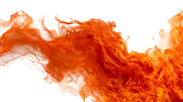 Bright orange flames burning intensely, isolated on white background background