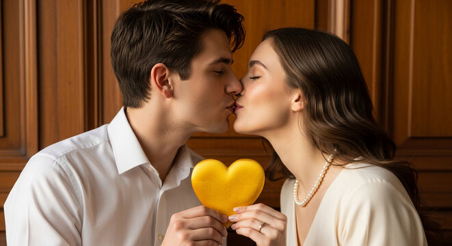 Couple kissing, holding yellow heart, symbolizing love and Valentine's Day, perfect for romantic themes
