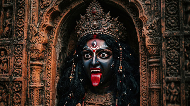 Maa Kali face inside an ancient terracotta temple niche with intricate clay relief carvings for Diwali