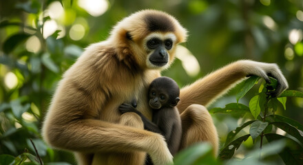 Fototapeta premium Mother gibbon embracing baby in lush natural jungle habitat for wildlife education and conservation.