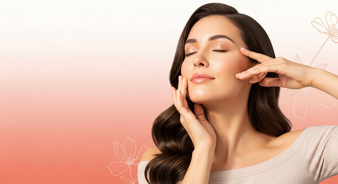 Woman with closed eyes touching her face, symbolizing beauty, skincare, and self-care, with subtle floral graphics on a soft gradient background
