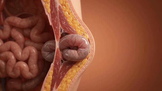 3D anatomical cross-section video of the human abdominal wall showing skin fat and muscle layers