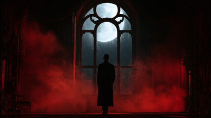 Fototapeta premium Mysterious Man Silhouetted Against Window and Full Moon