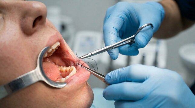 Close-up of a dentist using surgical needle holder forceps and black thread to suture a patient's gum tissue in a clinic.