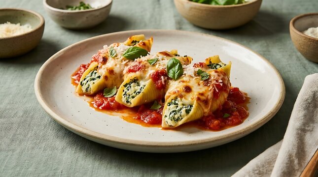 Stuffed pasta shells with spinach and cheese in a rich red tomato sauce served on a round ceramic plate. italian american fusion
