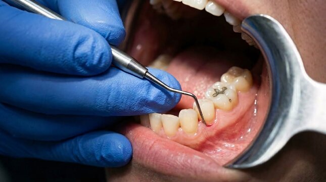 Close-up of a dentist using a sharp dental explorer probe to check molar teeth for caries and plaque along the gumline.