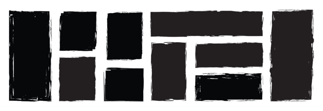 Rectangle Brush stroke, ink paint brush, grunge box. Paint brush grunge border frame. Ink box frames, textured paint splatter borders, rough hand drawn vector elements. Vector
