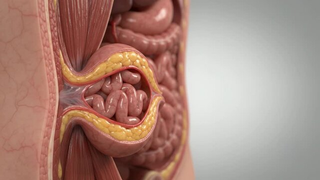3D medical illustration video showing a loop of small intestine protruding through a tear in the abdominal muscle wall representing a hernia.