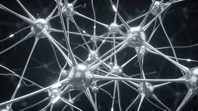 3D animation of glowing neuron network transmitting electrical signals