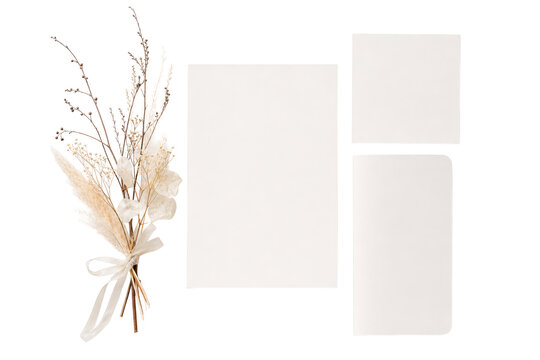 Blank paper mockups with dried flower bouquet on white background-(Mockup kertas kosong dengan buket bunga kering di latar belakang putih)