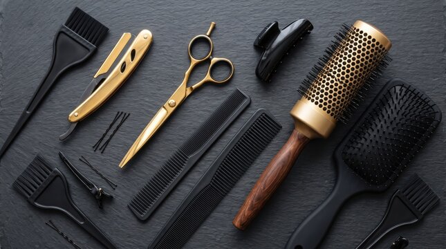 Hairdressing tools including gold scissors straight razor and round brush arranged on a dark textured slate background with black combs and hair clips
