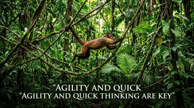 Agile monkey swinging through lush green jungle vines, demonstrating natural agility and wild