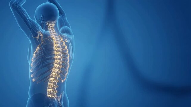3D medical illustration video showing the human back anatomy with visible spine and ribs on a blue background.