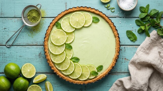 Key lime pie with a golden crust topped with thin lime slices and fresh mint leaves on a rustic light blue wooden table with a metal sieve and whole limes nearby