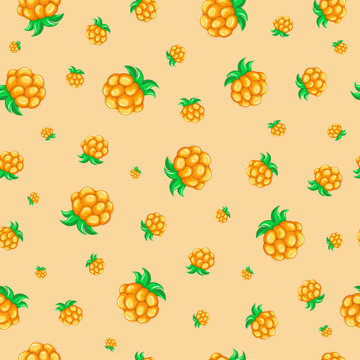 Seamless pattern with golden cloudberries and green leaves on a warm beige background. Bright botanical berry illustration for textile, fabric, wallpaper, wrapping paper and packaging design.
