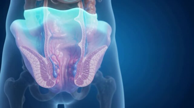 3D medical animation video clip showing internal hemorrhoids in the human rectum with a glowing inflammation effect.