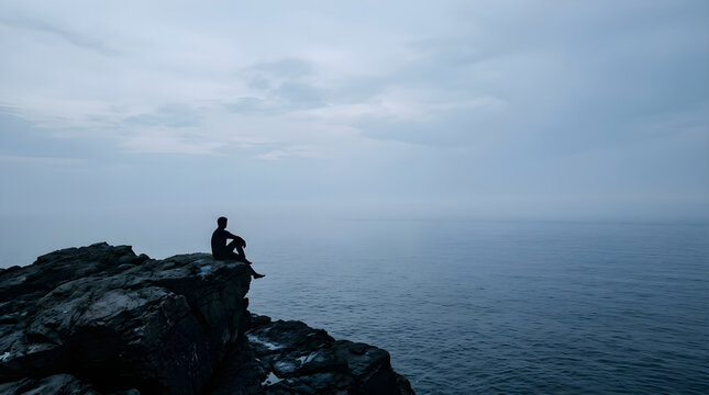Silhouette of a person sitting on a rocky cliff overlooking the calm