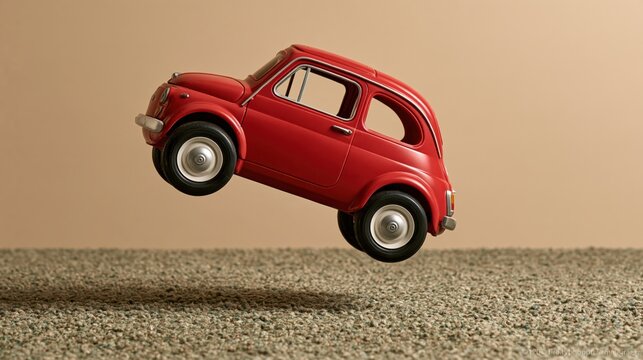 Funny levitating red toy car hovering in playroom, toy photo