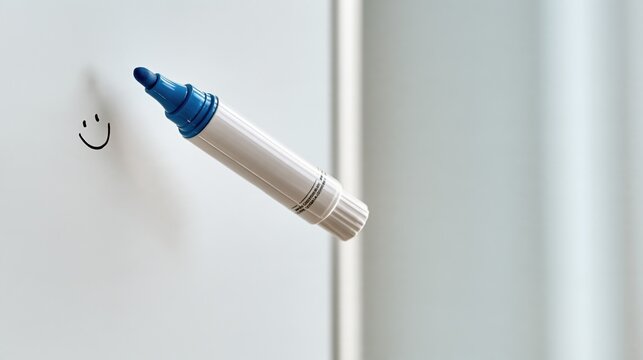 Funny levitating whiteboard marker drawing smiley face alone, office photo