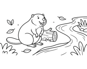 Happy beaver by river coloring page line art vector graphic © Anwara