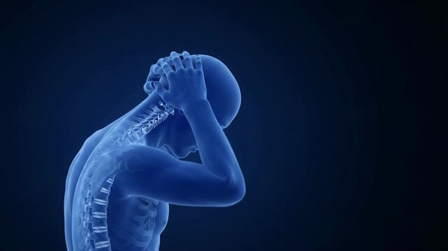 3D medical animation of a human anatomical model experiencing neck and spinal pain against a dark blue background.