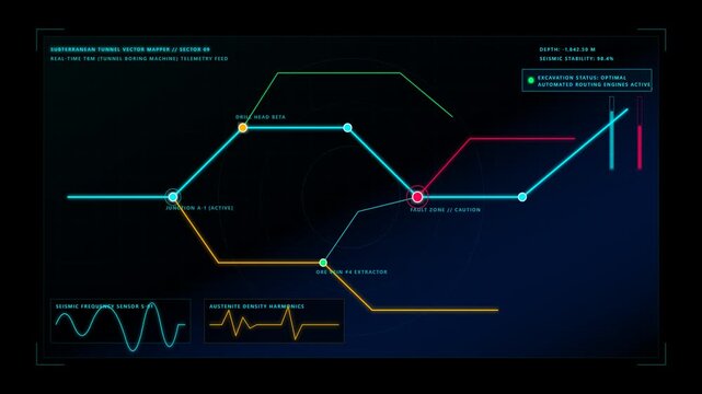 Futuristic Subterranean Tunnel Mapping Data Interface Display for Industrial Mining and Operations