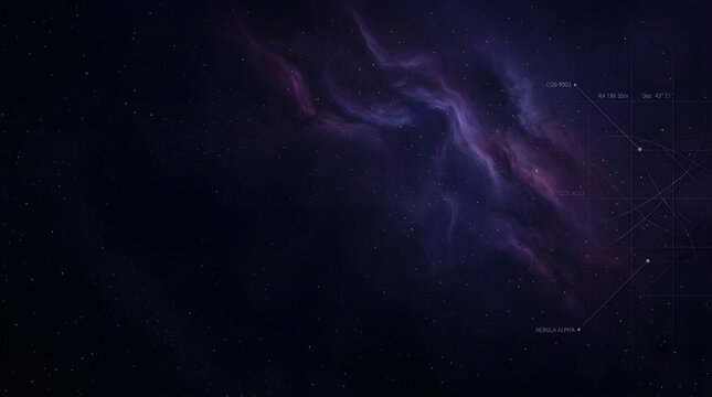 Deep space nebula with glowing stars and faint technical grid lines