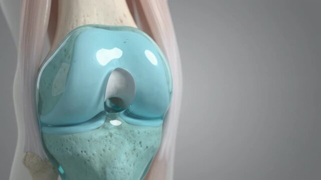 Medical 3D animation of a human knee joint showing the structure of the bone and articular cartilage in a close-up view.
