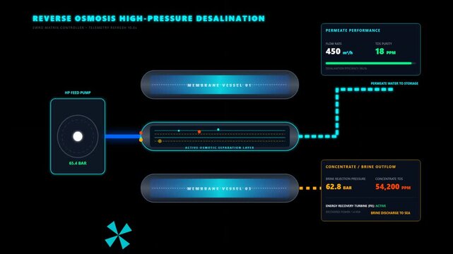 Reverse Osmosis High Pressure Desalination Process Dashboard Interface HUD Motion Graphics Animation