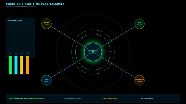 Smart Grid Real Time Load Balancer Digital Interface Showing Energy Distribution and Power Systems