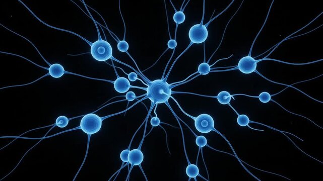 Glowing neurons pulsing rhythmically in brain network animation