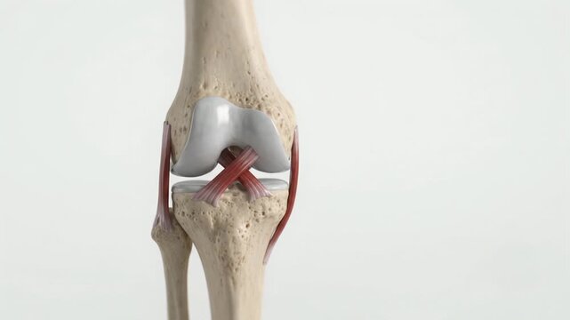 A detailed 3D animation of a human knee joint showing the femur, tibia, and various ligaments isolated on a white background.
