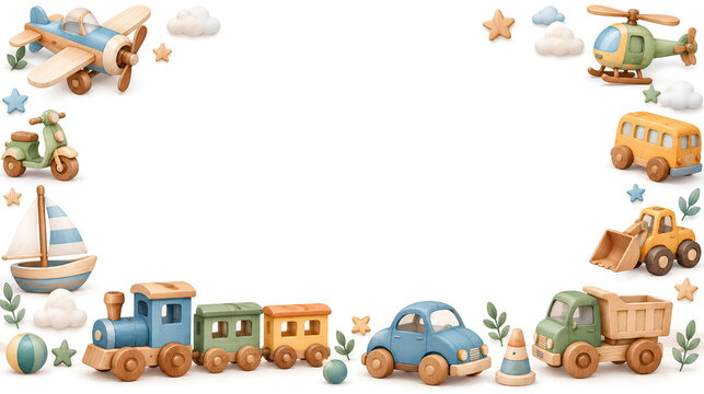 Colorful Wooden Transportation Toys Border on White Background