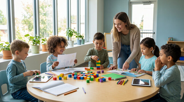 Ni&ntilde;os de infantil y primaria aprendiendo juntos en un aula luminosa, realizando actividades educativas mientras una profesora les acompa&ntilde;a.