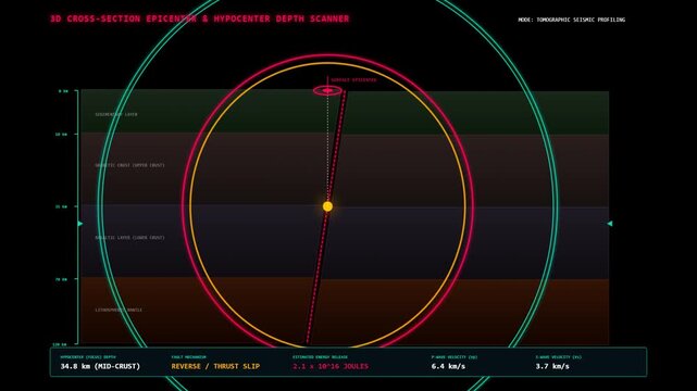 Digital Seismic Wave Propagation Animation Showing Earthquake Epicenter And Hypocenter Depth Data