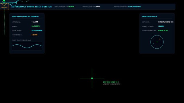 Futuristic Autonomous Drone Fleet Monitor HUD Interface with Flight Telemetry and Navigation Data