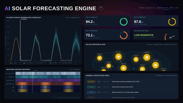 An AI solar power forecasting dashboard showcases weather-driven generation predictions with a futuristic dark-mode interface and animated data visualizations.